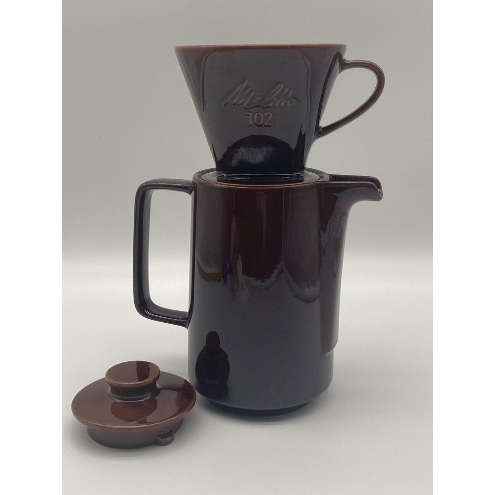 Vintage Melitta 102 Brown Ceramic Pour Over Coffee Pot Dripper Set Germany